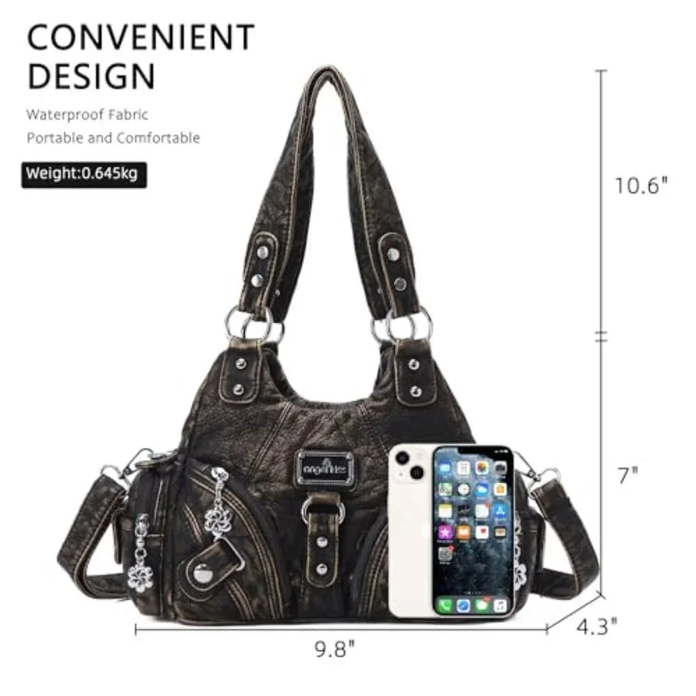 Small Hobo Shoulder Bag Vegan Leather Multi-Pocket Tote Zipper Classic Chic